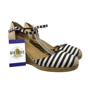 Bass Womens 10 Emelia Blue White Striped Wedge Espadrilles Slingback Heels